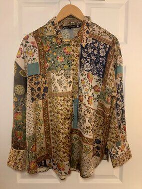 Zara Patchwork Satin Button-Down Shirt - Size Large